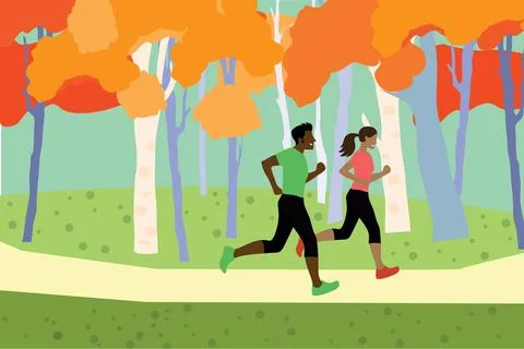 Professional vector concept of a couple running or jogging in an autumn park Illustration