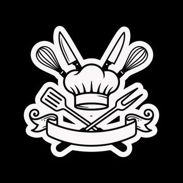 Professional vector culinary emblem featuring chef hat with crossed knives .. Stock Illustration