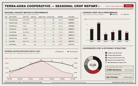 Professional vector dashboard displaying regional harvest metrics, crop yield Illustrazione stock