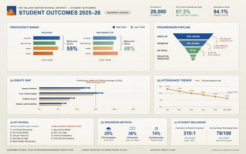 Professional vector infographic displaying school district statistics, profic Illustrazione stock
