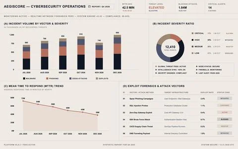 Professional vector interface displaying network security metrics, incident v Stock Illustration