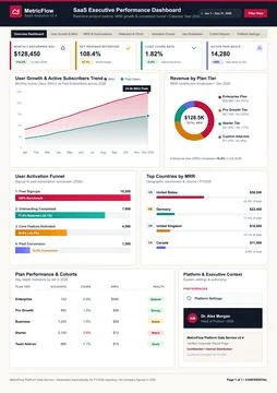 Professional vector interface showing monthly recurring revenue, churn rates, Stock Illustration