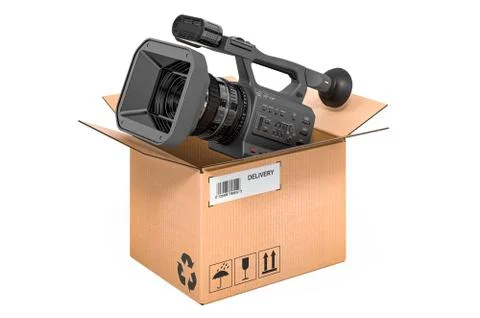 Professional video camera inside cardboard box, delivery concept. 3D renderin 스톡 일러스트