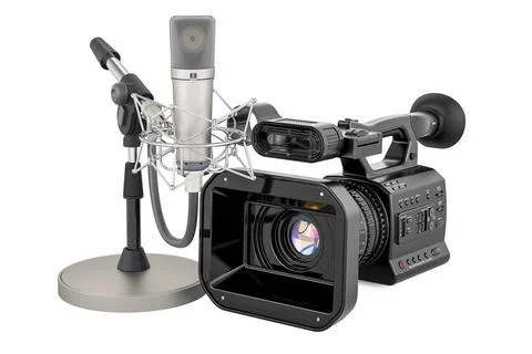 Professional video camera with microphone. 3D rendering Professional video... Stock Photos