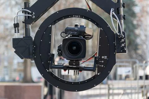Professional video camera mounted on a stabilizer Stock Photos