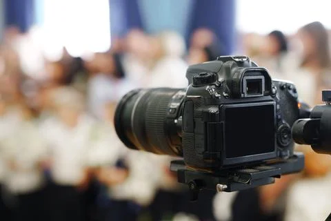 Professional Video Camera Recording Event Indoors Stock Photos