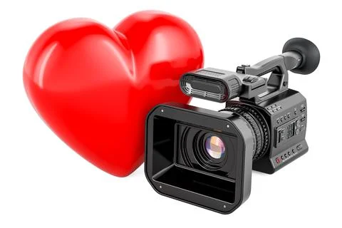 Professional video camera with red heart. 3D rendering Stock Illustration