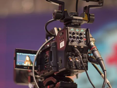 Professional Video Camera Setup for Filming Interviews Stock Photos