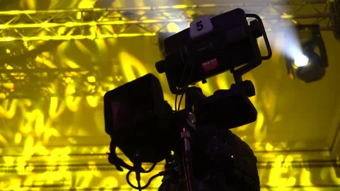 Professional video cameras with monitors, without operators, ready to shoot. Stock Footage 143737394