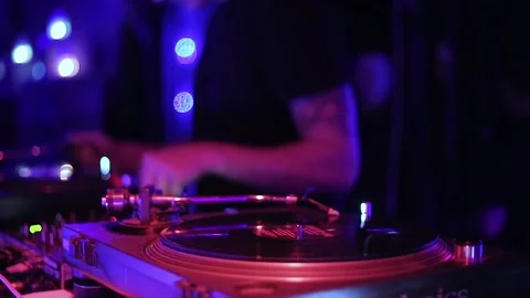 Professional vinyl turn table device playing analog disc with musical tracks Stock Footage 160738822