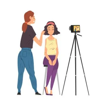 Professional Visagiste Making Makeup for Client and Recording Video Blog with Stock Illustration