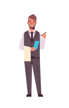 Professional waiter making note man restaurant worker in uniform notepad and Illustrazione stock