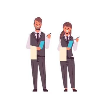 Professional waiters couple making notes man woman restaurant workers in uniform イラスト素材