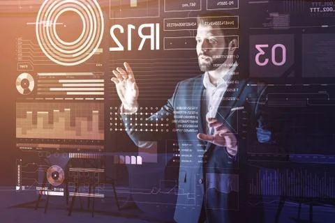 Professional web developer looking at the screen and feeling impressed 스톡 사진