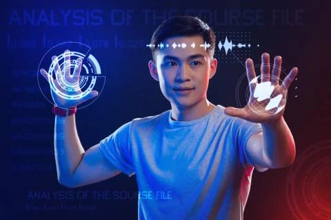 Professional web developer using holograms while working Stock Photos