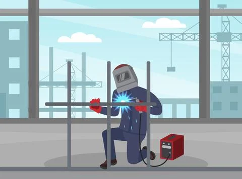 Professional welder at work. Worker in protective mask and gloves welding metal Stock Illustration