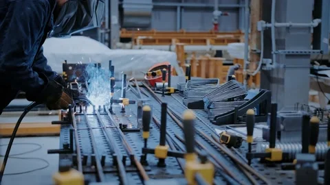 A professional welder works with a metal structure in a factory. Industrial Stock Footage 161925486