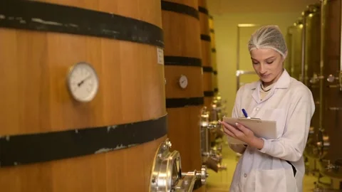 Professional winemaker controlling wine making process and quality at winer.. Stock Footage 286714995