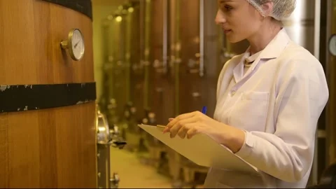 Professional winemaker controlling wine making process and quality at winer.. Stock Footage 286715012