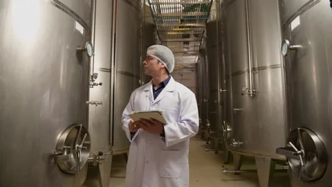 Professional winemaker controlling wine making process and quality at winer.. Stock Footage 286715067