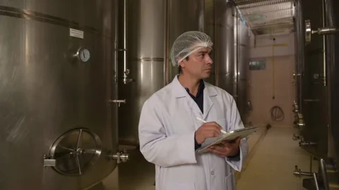 Professional winemaker controlling wine making process and quality at winer.. Stock Footage 286715132