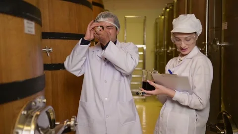 Professional winemaker controlling wine making process and quality at winer.. Stock Footage 286715498