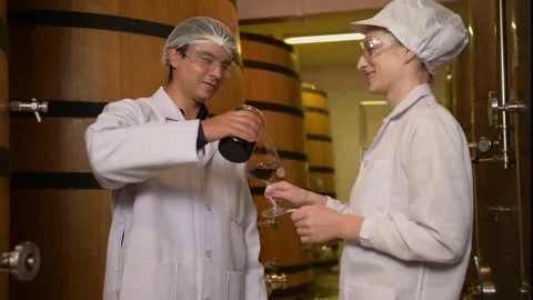Professional winemaker controlling wine making process and quality at winer.. Stock Footage 286715562