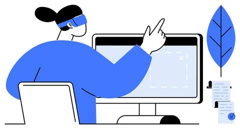 Professional Woman Using Computer with VR Headset and Pointing at Screen Stock Illustration