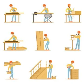 Professional Wood Jointer At Work Crafting Wooden Furniture And Other Stock Illustration