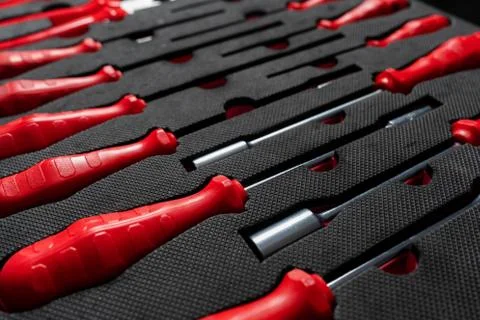 Professional work tools set for technicians in a stylish box. Stock Photos