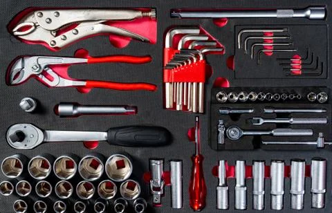 Professional work tools set with various equipments for technicians in a stylish Stock Photos