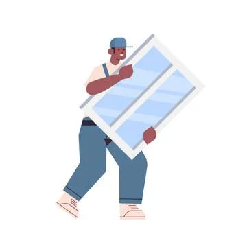 Professional worker handyman in uniform installing new window home maintenance Stock Illustration