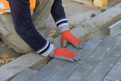Professional worker layers installing laying gray concrete brick the street i Stock Photos