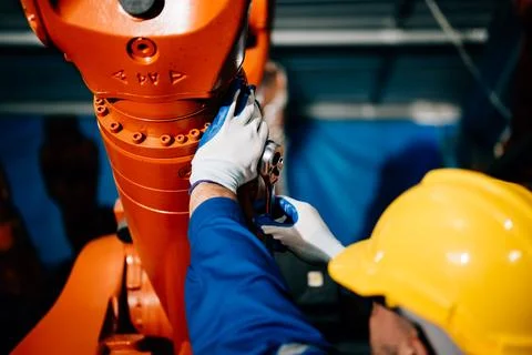 Professional worker maintenance machine robotic arms industrial machinery Foto stock
