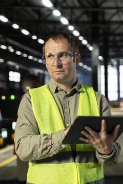 Professional worker managing welding activity with tablet and safety glasses Stock-Fotos