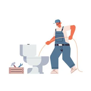 Professional worker plumber in uniform using sewer snake cleaning blockage in Illustrazione stock
