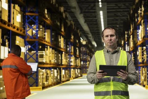 Professional worker reviewing inventory data in warehouse distribution hub Stock Photos