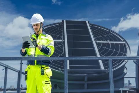 Professional Worker Team Servicing HVAC building cooling tower, Industry ai.. Stock Photos