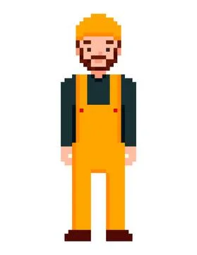 Professional worker in uniform and cap or safety helmet. Pixel art character Stock Illustration