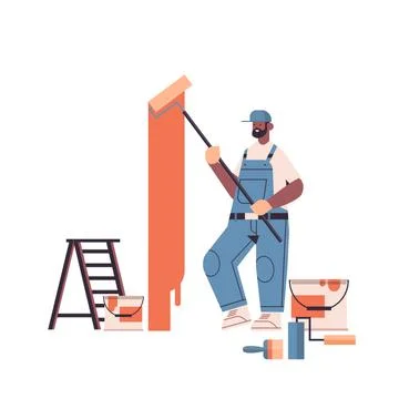 Professional worker in uniform using painting wall with roller repair service 스톡 일러스트