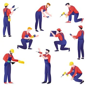 Professional workers men set, isolated on white background. Home maintenance Stock Illustration
