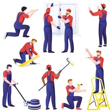 Professional workers men set, isolated on white background. Handyman makes ho Stock-Illustration