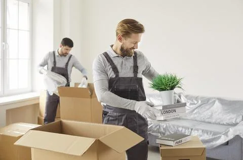 Professional workers of moving service packing cardboard boxes. Moving day Stock Photos