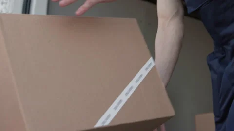 Professional Workers at Sorting Boxes for Transportation on Van. Concept of Trad Stock Footage 199479658