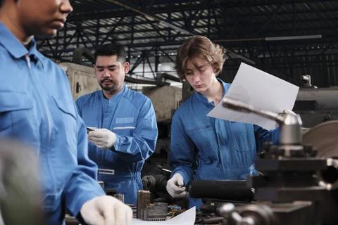 Professional workers teams work in the metalwork manufacturing factory. Stock Photos