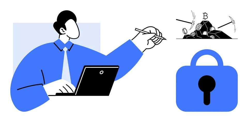 Professional working on computer with security and cryptocurrency elements イラスト素材