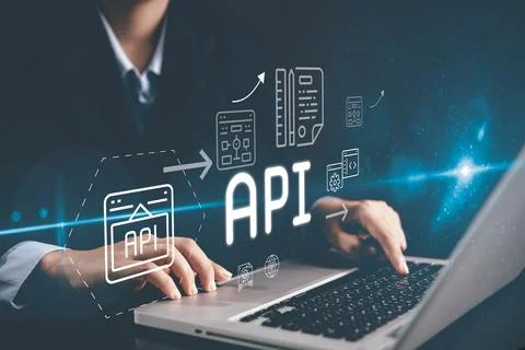 Professional working laptop API workflow interface representing application.. Stock Photos