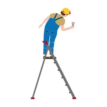 Professional working man on a stepladder applies plaster. Vector illustration Stock Illustration