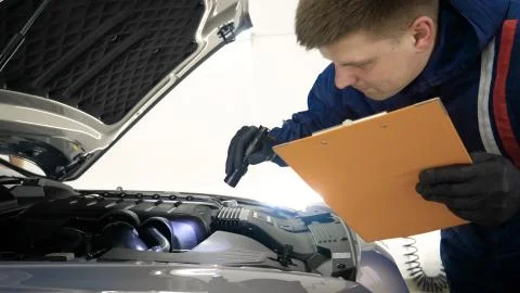 Professional in working uniform and flashlight with a folder. Stock-Fotos