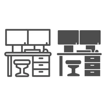 Professional workplace line and solid icon, Coworking concept, Computer and desk Stock Illustration